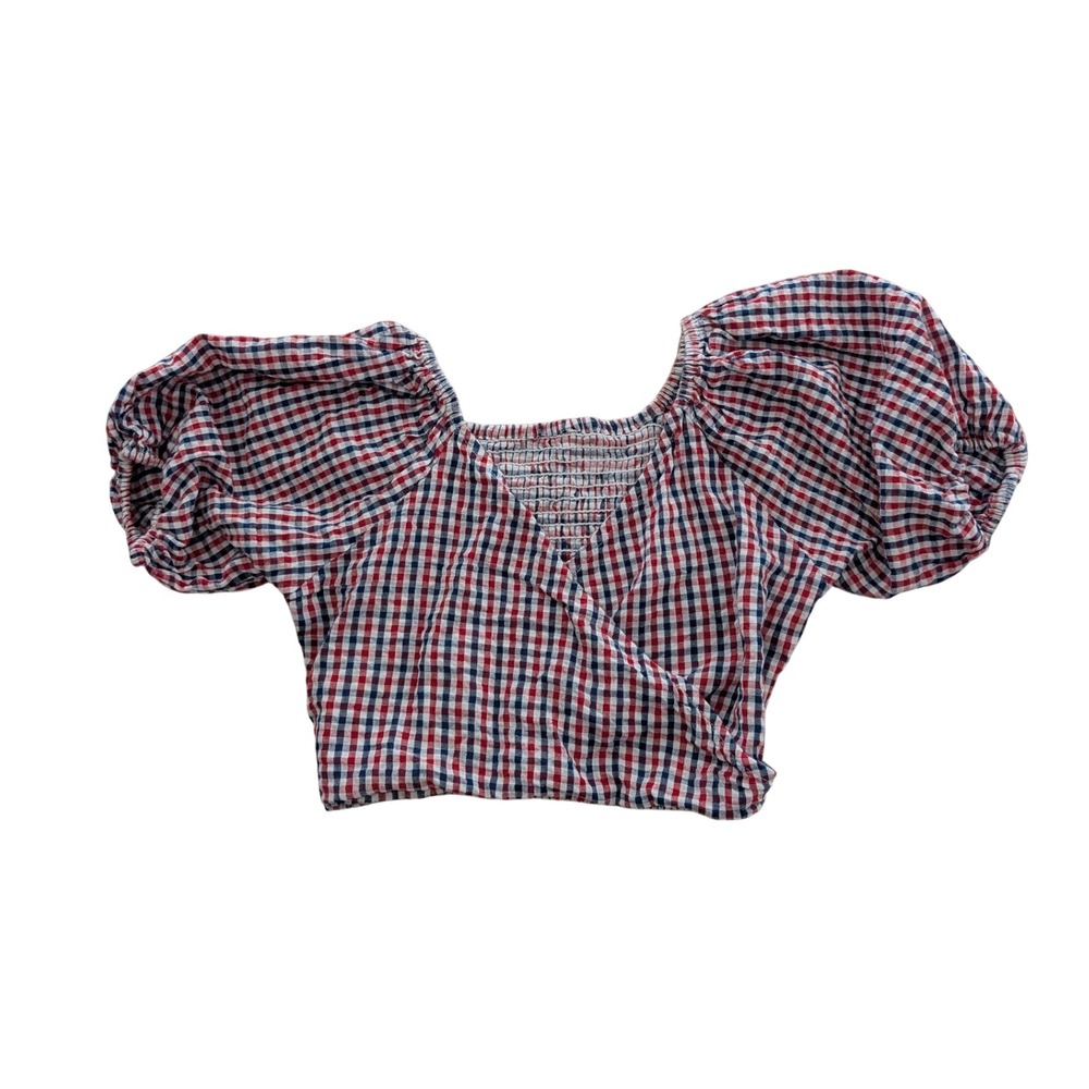 Sim & Sam Cottagecore Summer Patriotic Gingham Puff Sleeve Smocked Crop Top S